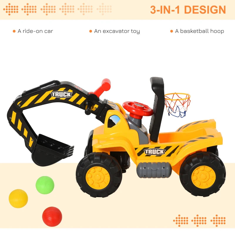 Kids Ride On Excavator Digger w/ Storage Basketball Net