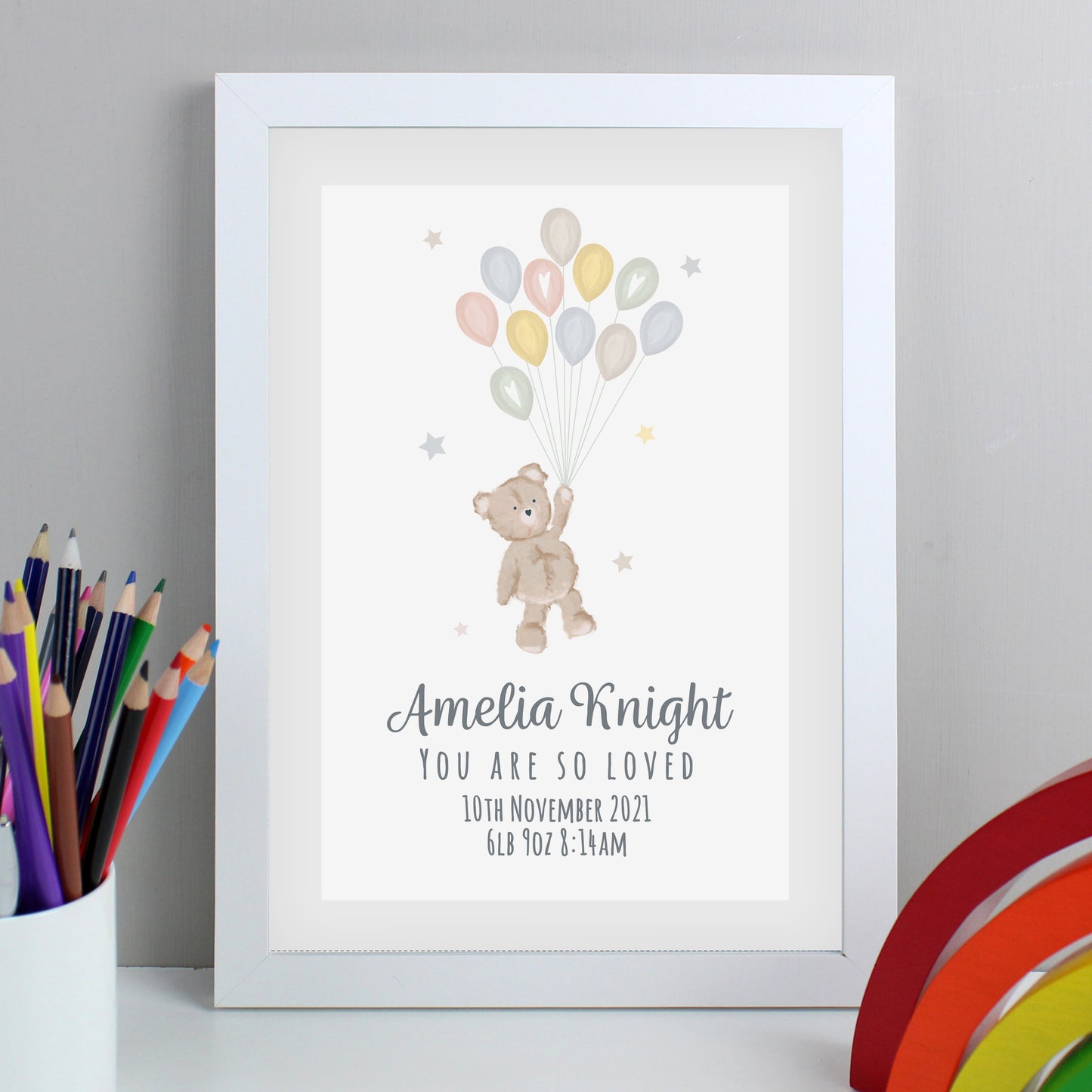 Personalised Teddy & Balloons A4 White Framed Print image 1