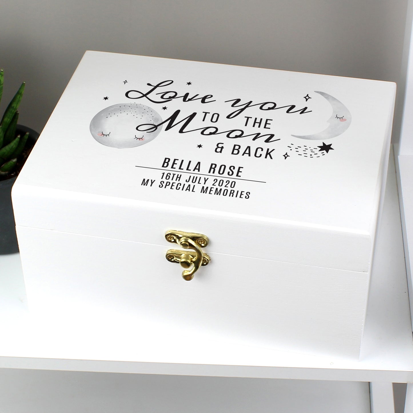 Personalised Baby To The Moon and Back White Wooden Keepsake Box image 0