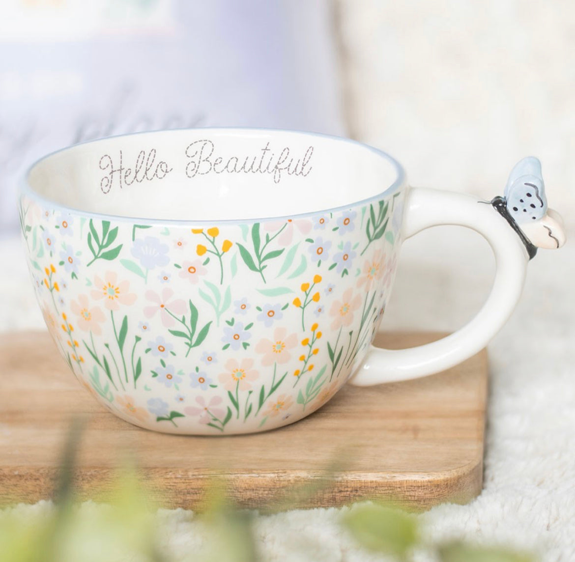 HELLO BEAUTIFUL DITSY FLORAL PRINT MUG WITH BUTTERFLY