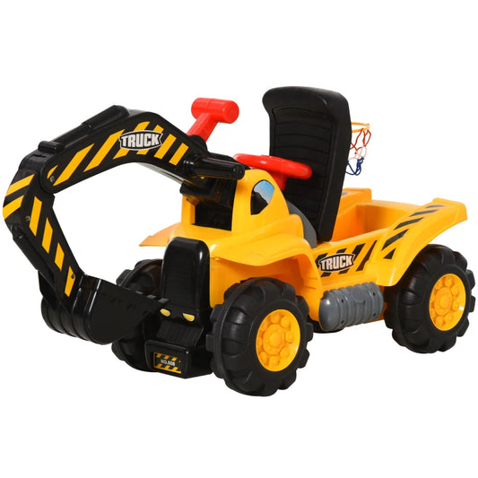 Kids Ride On Excavator Digger w/ Storage Basketball Net