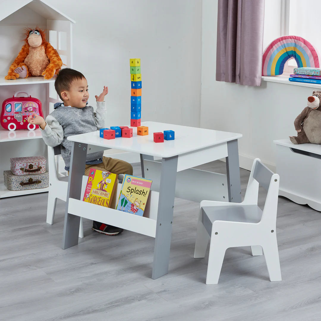 White and Grey Bookshelf Table and Two Chairs Set