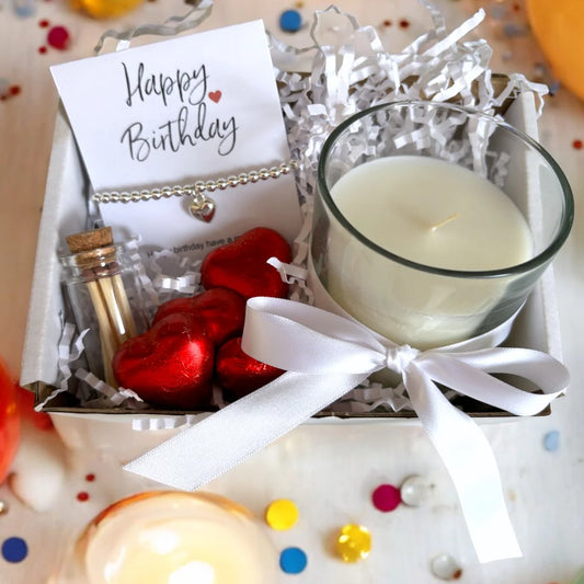 Small Happy Birthday Gift Hamper - Silver Heart Bracelet, Chocolates & Candle image 0