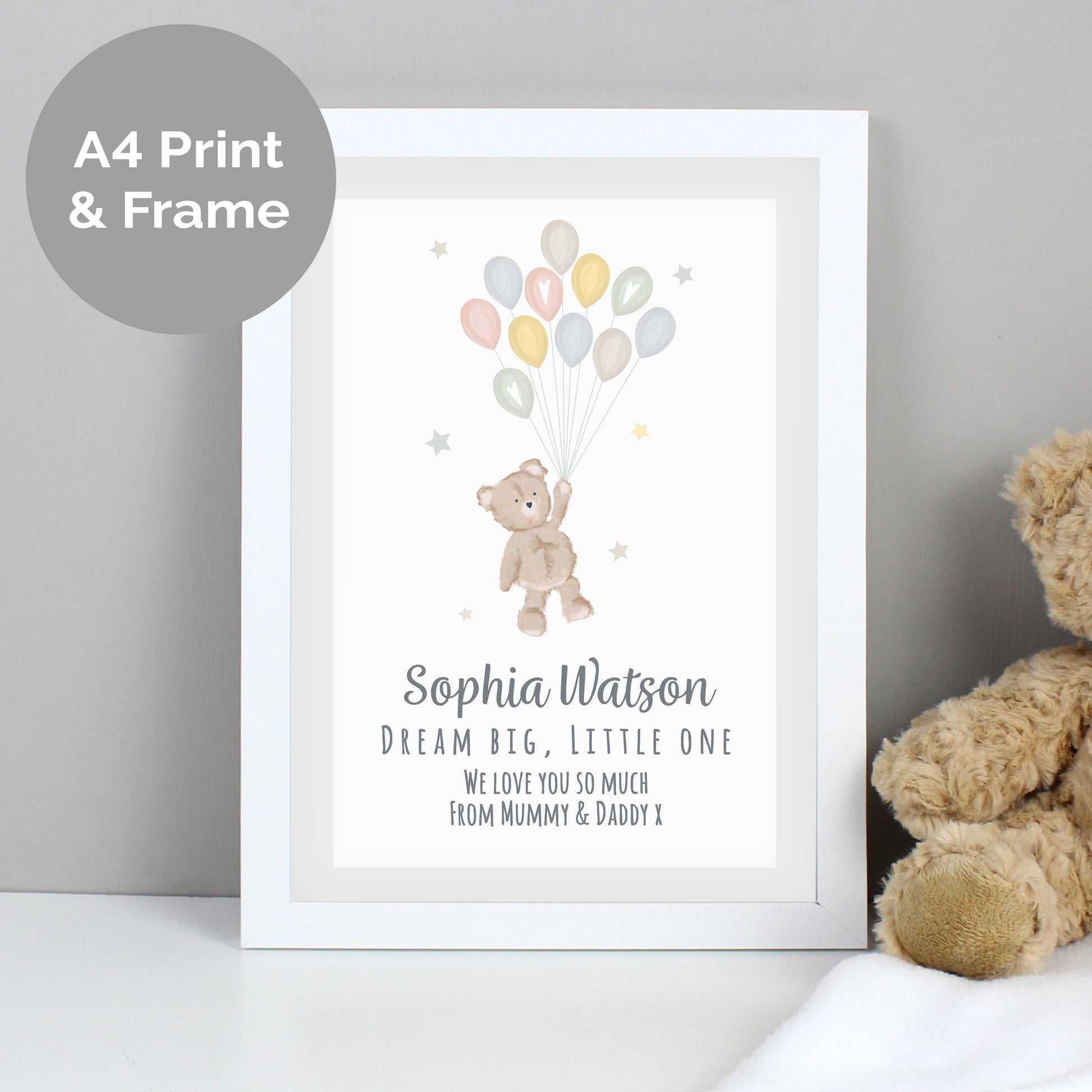 Personalised Teddy & Balloons A4 White Framed Print image 0