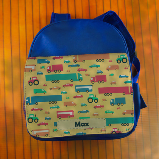 Printed Vehicle Kids Blue Backpack