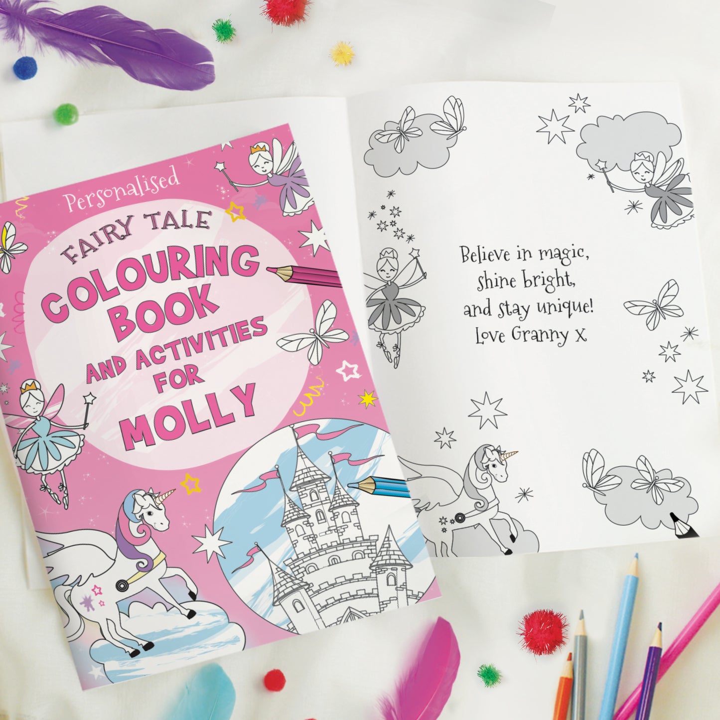 Personalised Princess & Unicorn Colouring Book with Pencil Crayons