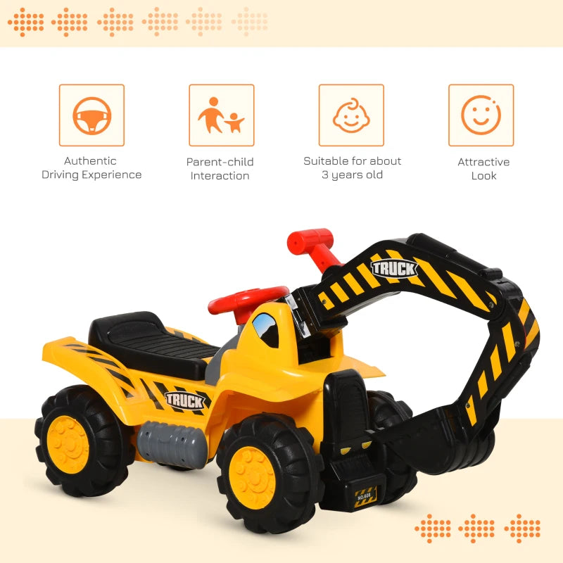 Kids Ride On Excavator Digger w/ Storage Basketball Net