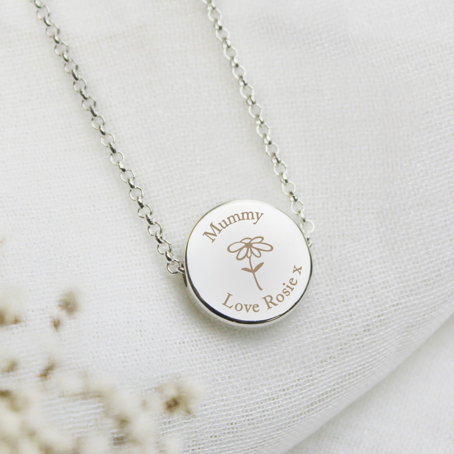 Personalised Silver Tone Flower Disc Necklace