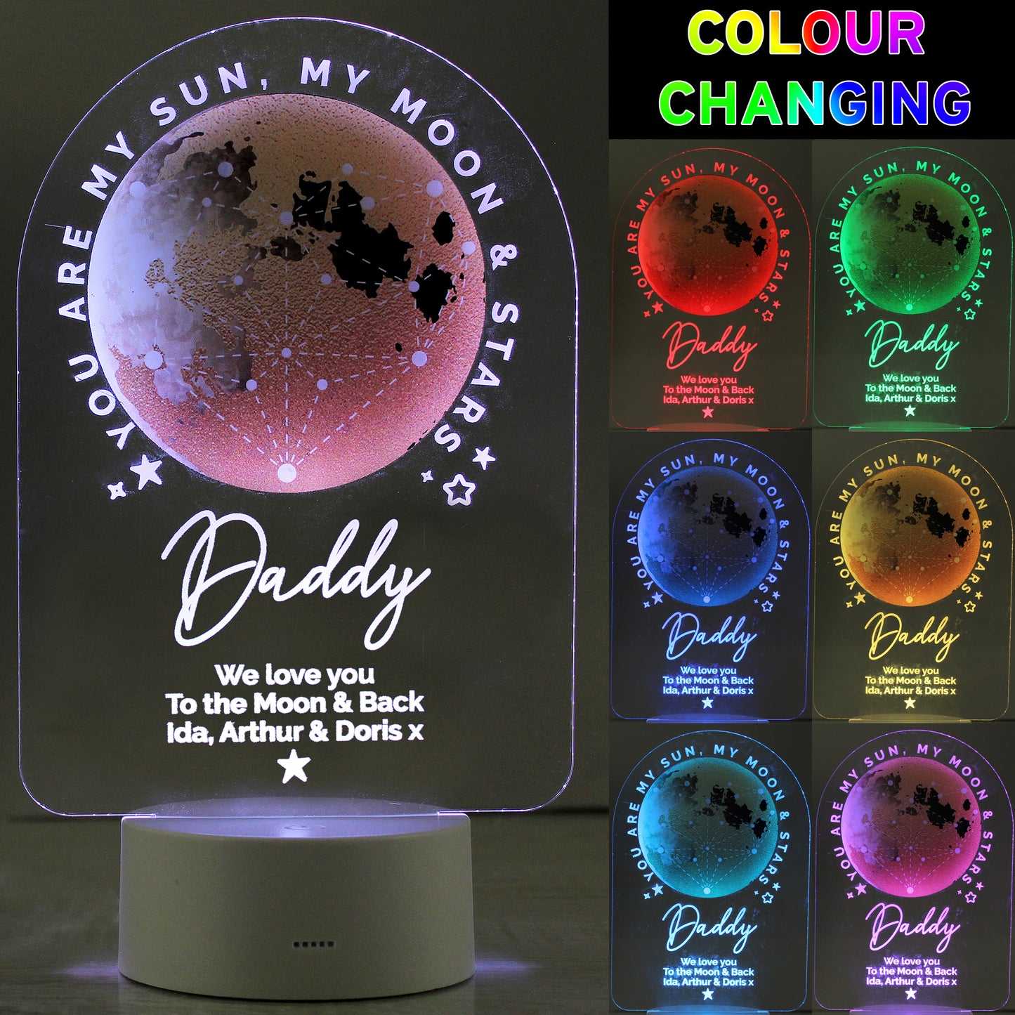 Personalised Sun Moon & Stars LED Colour Changing Night Light image 0